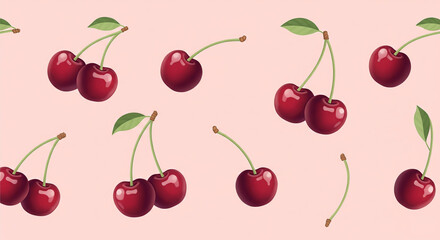Seamless cherry pattern with glossy red cherries, twin stems, and green leaves on a soft pink background for fruit packaging, summer textiles, or kitchen-themed decor