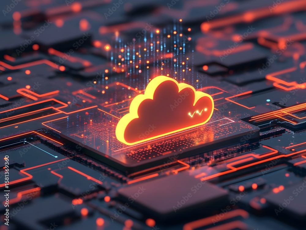 Poster a futuristic digital representation of a cloud computing concept, featuring glowing circuit patterns
