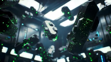 Futuristic tech interior with floating geometric shapes and green lights - Powered by Adobe