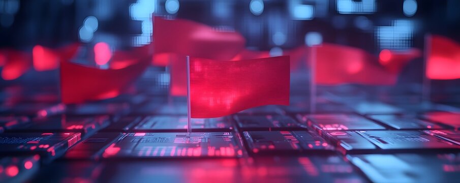 A close-up view of translucent red flags on a tech-inspired surface. The glowing blue background highlights the vibrant colors and intricate details of the digital landscape.