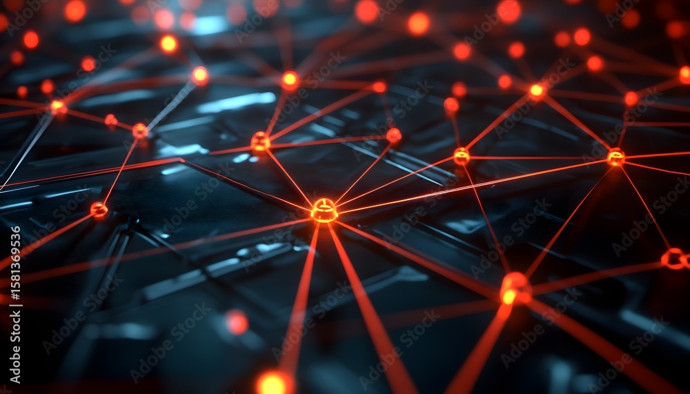 Poster close-up view of a digital network with illuminated red nodes interconnected by lines, representing 