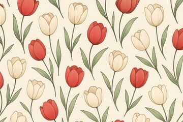 Elegant seamless pattern featuring delicate red and cream tulips with green leaves on a soft cream background in a vintage botanical illustration style