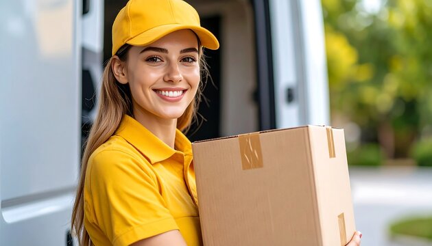 Smiling delivery person holding a box
