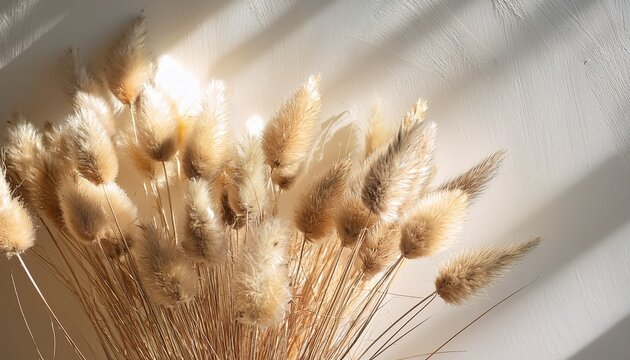close up of a bouquet of beige dry flowers against a white wall with sunlight in a natural background