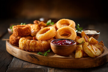 Onion rings with fried snacks and dipping sauce &mdash; rustic wooden platter for pub or bar menu design