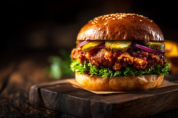 Crispy chicken burger with lettuce and pickles on rustic table &mdash; gourmet fast food photo for menus