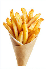 French fries in a paper cone isolated on white background &mdash; snack food for branding or advertising
