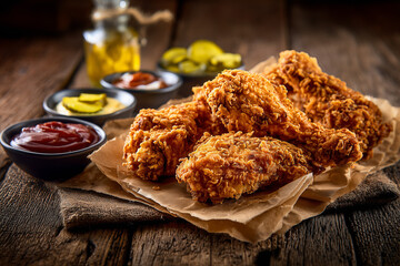 Crispy fried chicken drumsticks on parchment paper &mdash; rustic tabletop food photography with sauces