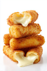 Melting mozzarella sticks stacked on white background &mdash; isolated snack food for packaging or menu design