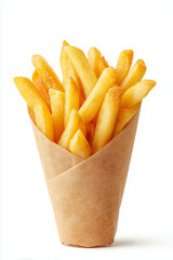 French fries in a paper cone isolated on white background &mdash; snack food for branding or advertising