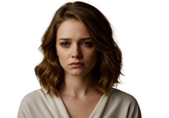 A woman with tired, drooped eyes on transparent background