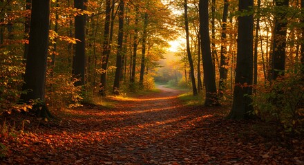 Autumn Forest Path with Fallen Leaves