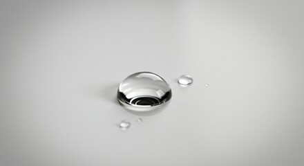 Close-up of a single water drop on a smooth white surface, high detail, neutral background