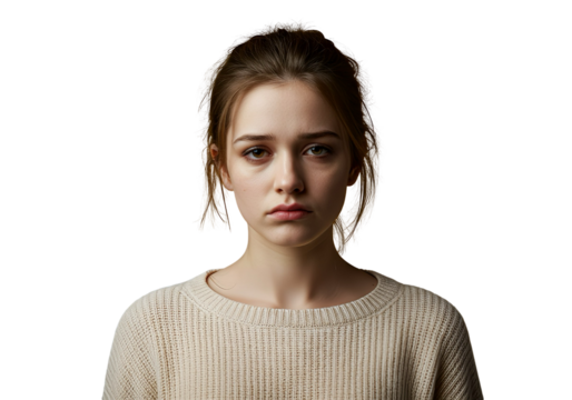 A woman with tired, drooped eyes on transparent background