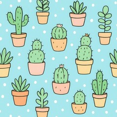 Charming seamless pattern featuring a delightful arrangement of cute potted cacti and succulents with a whimsical polka dot background