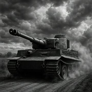 Powerful german tiger tank advances through a dusty battlefield under a dramatic stormy sky