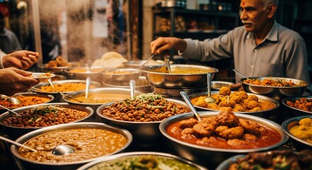 A bustling Indian street food stall displays a vibrant array of curries, dals, and other dishes in large metal bowls. A vendor serves customers, highlighting the rich culinary culture.
