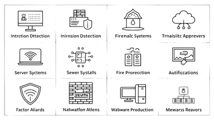 An icon grid displaying modern IT security tools and concepts in a minimal black outline style. Featured icons include intrusion detection systems, firewalls, server protection, malware alerts, and tw