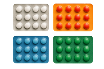 Colorful pill blister packs with tablets in four shades isolated on transparent background