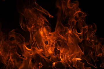 Fire flames isolated on black background. Fire burn flame isolated, flaming burning art design concept with space for text.