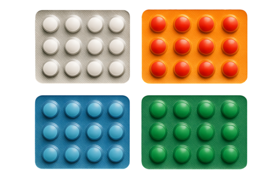Colorful pill blister packs with tablets in four shades isolated on transparent background