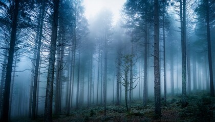 Obraz premium ethereal and mysterious misty forest scene with tall silhouetted trees disappearing into a dense cool toned fog creating a moody and atmospheric landscape ai generated for a fantastical feel