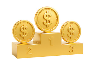 Gold dollar coins on winners podium first second third place isolated on transparent background