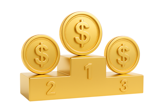 Gold dollar coins on winners podium first second third place isolated on transparent background