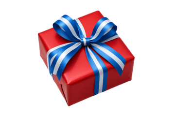 Red gift box with shiny blue and white ribbon bow isolated on transparent background