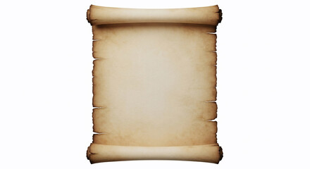 An antique parchment scroll, isolated on a white background. This aged, rolled paper evokes a sense of history and storytelling