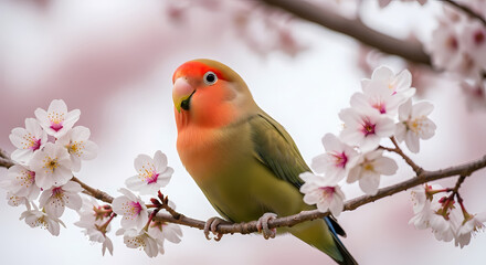 Fototapeta premium Japanese Lovebird Grace: Peach-Faced Pet on Blooming Cherry Blossom Branch