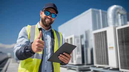Confident HVAC technician giving a thumbs-up. Professional holding a tablet on a rooftop with commercial air conditioning units for service, success, and technology concepts