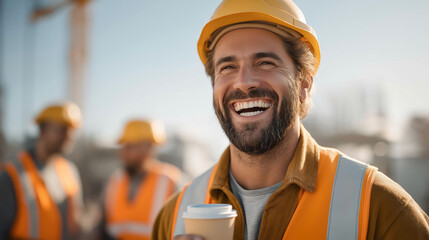 Smiling Construction Worker with Coffee. Positive Portrait for Teamwork, Safety, or Industry Recruitment.