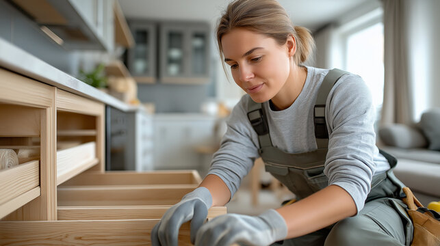 Skilled Female Carpenter Assembling a Modern Kitchen Cabinet. Ideal for use in home renovation blogs, DIY magazines, and advertisements for professional services or gender equality in trades.