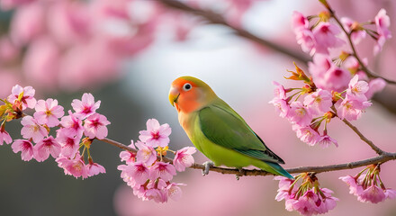 Fototapeta premium Japanese Lovebird Grace: Peach-Faced Pet on Blooming Cherry Blossom Branch