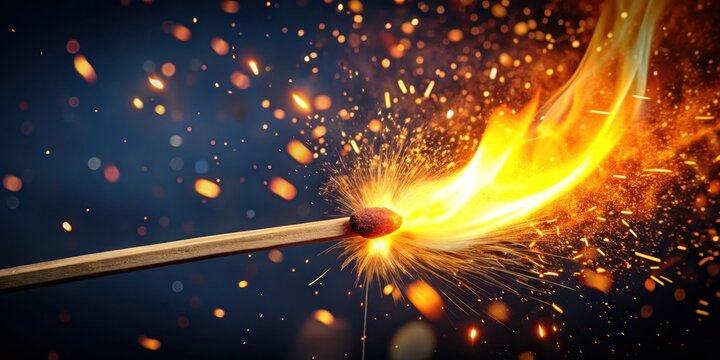 Close-up of a burning matchstick with a bright flame and golden sparks flying out from the tip