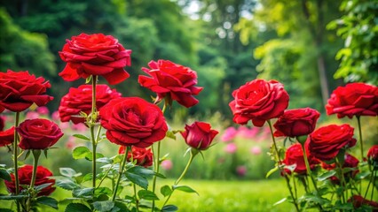 Fototapeta premium A vibrant cluster of tall red roses with slender stems and delicate petals in a garden setting among grass and trees , red roses