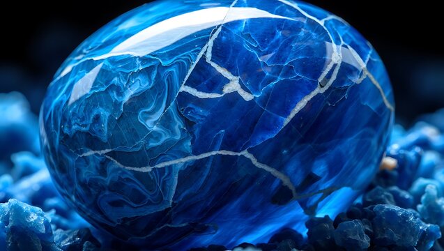 Abstract close up of a cracked blue gemstone with white veins and dark background