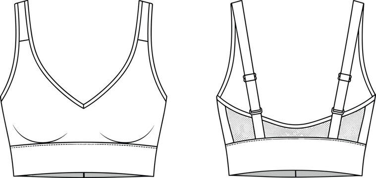 Technical bra sketch, V-neck lingerie design, front and back view, adjustable straps drawing, mesh panel illustration, wide band mockup, fashion apparel concept