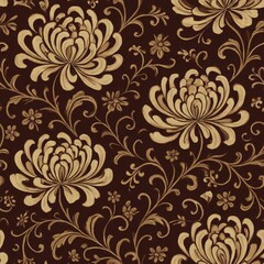 Elegant vintage seamless floral pattern with large golden chrysanthemums and swirling vines on a dark brown background classic damask style