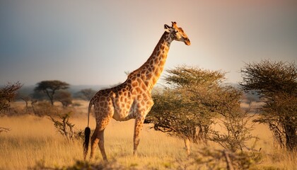 Fototapeta premium ethereal elegance of giraffe as it gracefully roams its natural abode upon vast savanna its elongated neck reaching towards heavens amidst towering acacia trees while harmoniously coexisting with