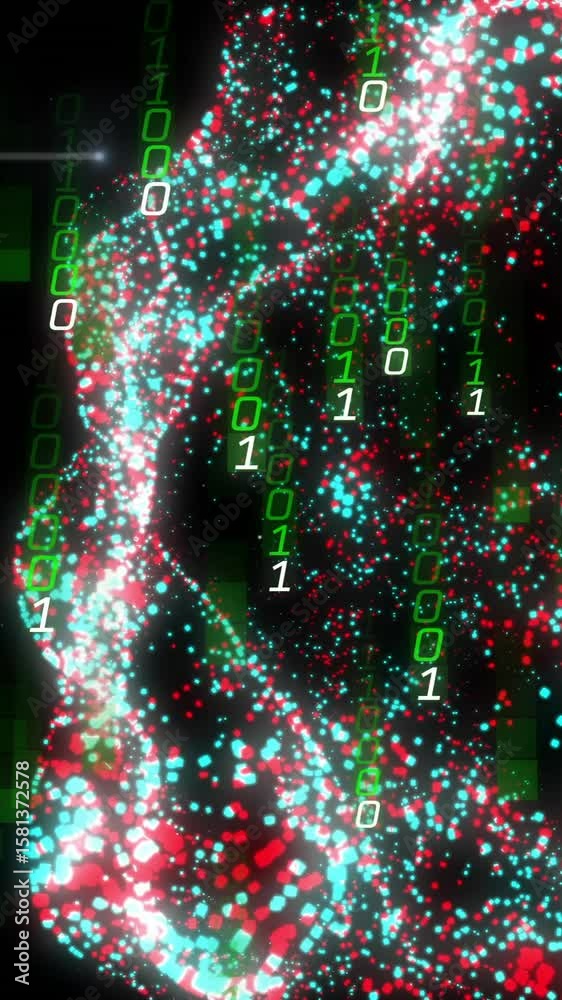 Poster animation of digital data processing binary coding over floating mesh on black background
