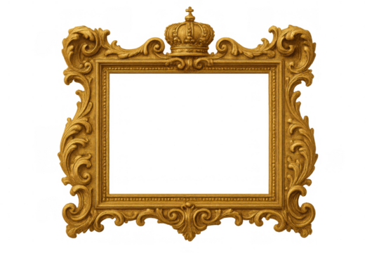 Luxurious golden baroque frame with royal crown, transparent background highlighting ornate detailing and regal aesthetic