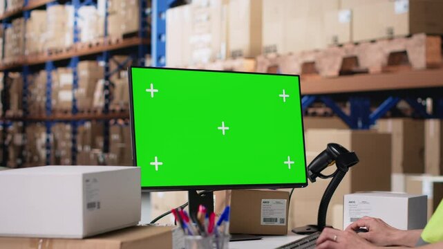 Logistics worker manages orders next to green screen display, showcasing warehouse automation tools and inventory control dashboards. E-commerce order processing with storage racks. Camera B.