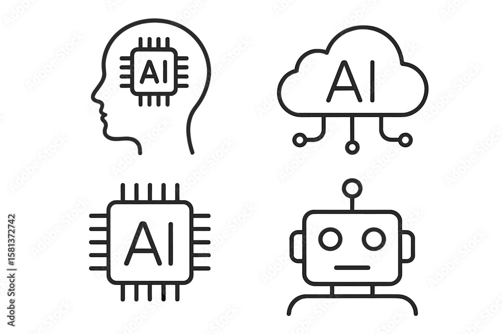 Poster artificial intelligence icon set of 4 web icons in line style. ai technology symbols for web and mob