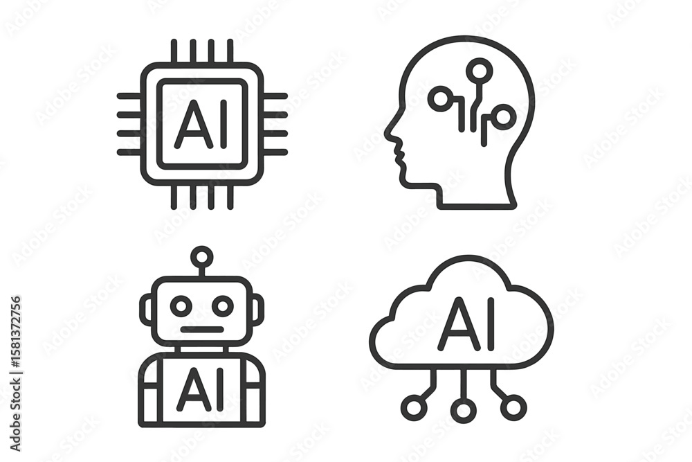 Poster artificial intelligence set of 4 web icons in line style, ai technology symbols for web and mobile a