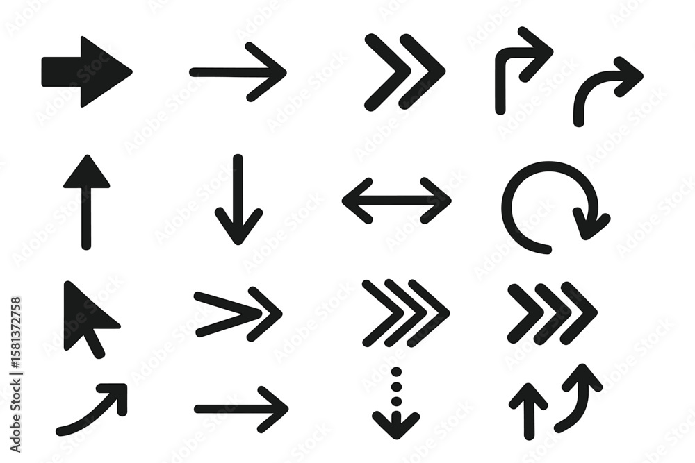 Poster black vector arrows collection for web design and ui. modern simple arrow icons set. includes cursor