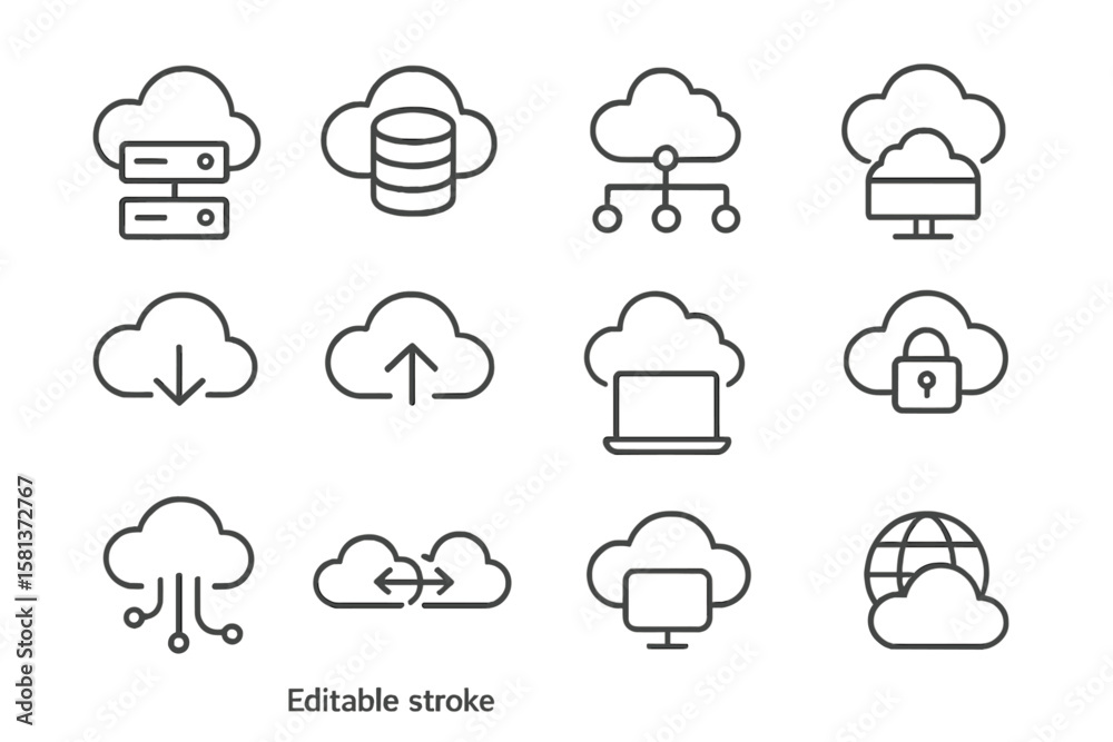 Poster cloud computing icon set. big data, database and server line icons. network technology, hosting, sec