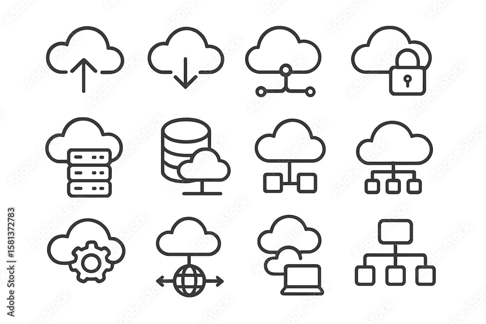 Poster cloud computing web icon set in line style. collection of cloud service and network linear icons, in