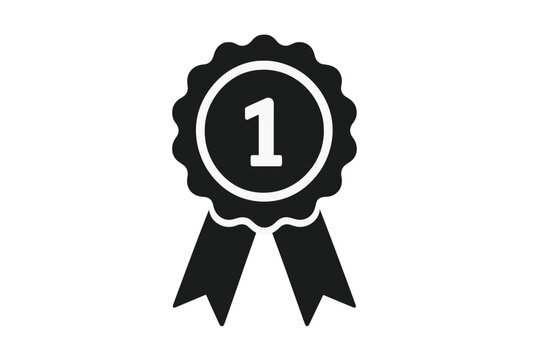 Award icon for first place. Winner medal with number one. Champion prize symbol. Victory and success concept. Best quality seal. Achievement rosette with ribbon. Simple flat vector.